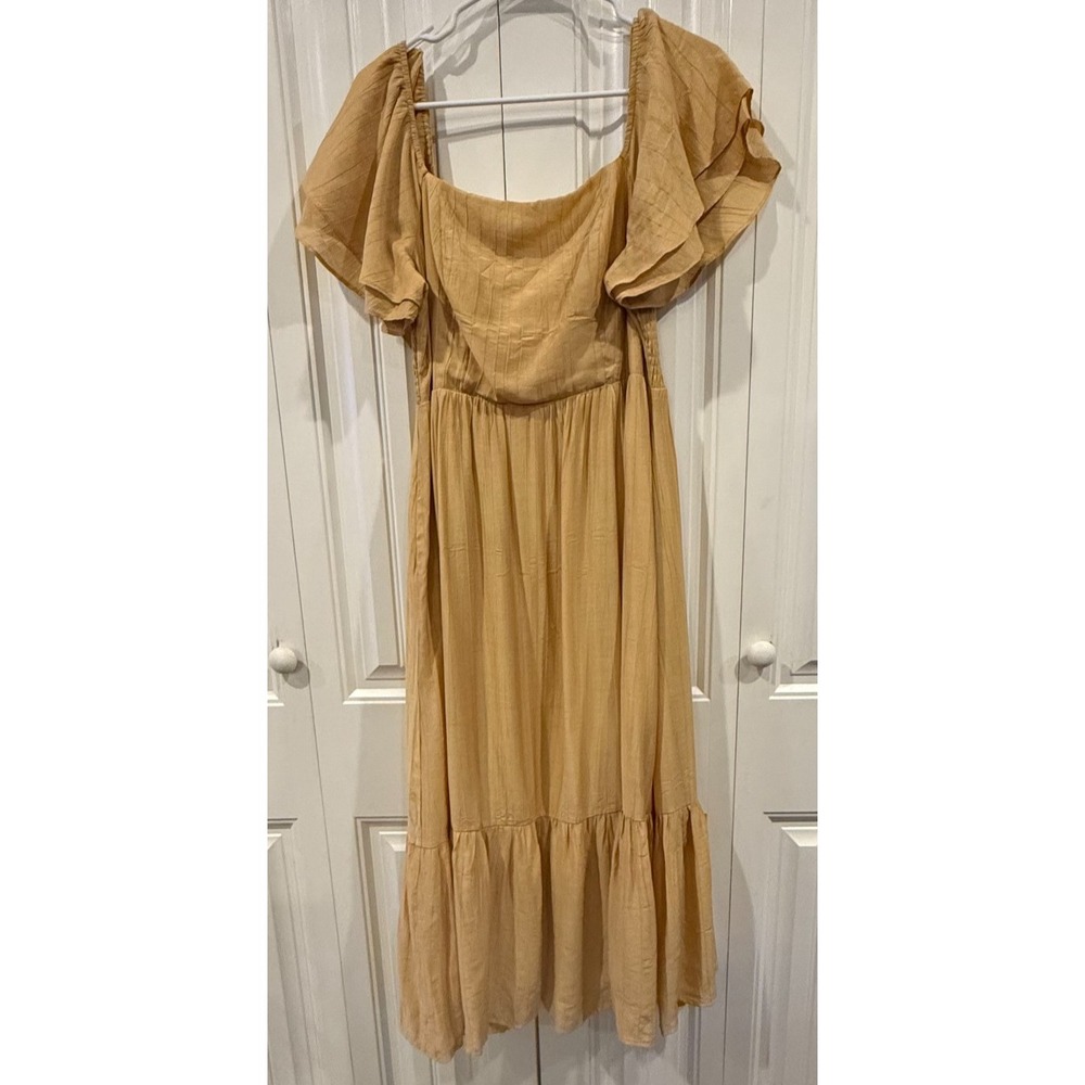 Littles Women's L Maxi Dress Mustard Tan Smocked Puff Sleeve Cottagecore Boho